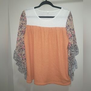Women's Boho Dolman Flutter Sleeved Waffle Knot Top Size L